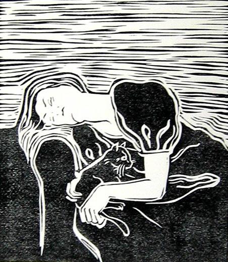 Alice and Cat,1991, linocut 