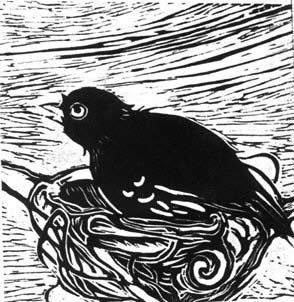 Bird in Nest, 1998, linocut 