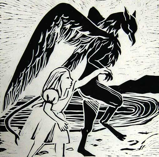 Black Griffin and Alice, 1991, linocut 