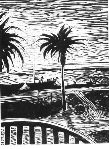 Boat in Sunset, 1990, woodcut 